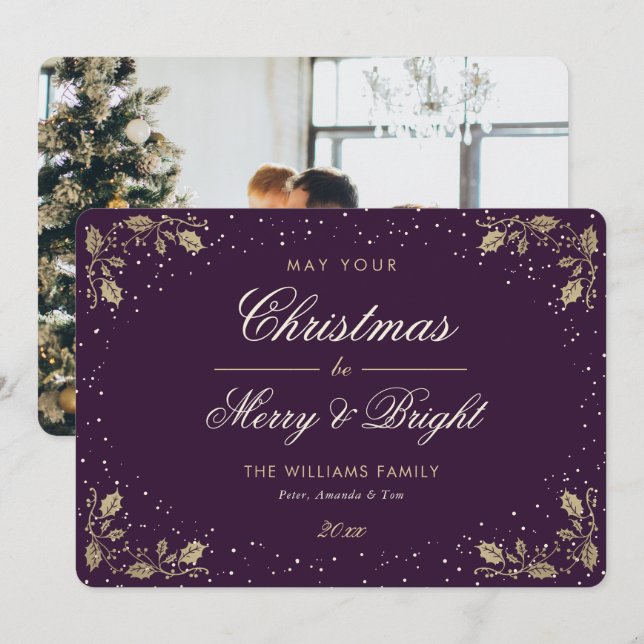 Tarjeta Festiva Navidades fotográficos Purple Merry and Bright Sno (Anverso / Reverso)