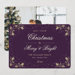 Tarjeta Festiva Navidades fotográficos Purple Merry and Bright Sno
