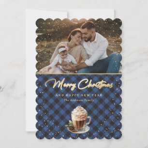 Tarjeta Festiva Navidades fotográficos Snowowowly Blue Gold con me