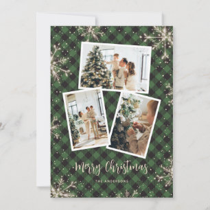 Tarjeta Festiva Navidades fotográficos verdes con copas de nieve e