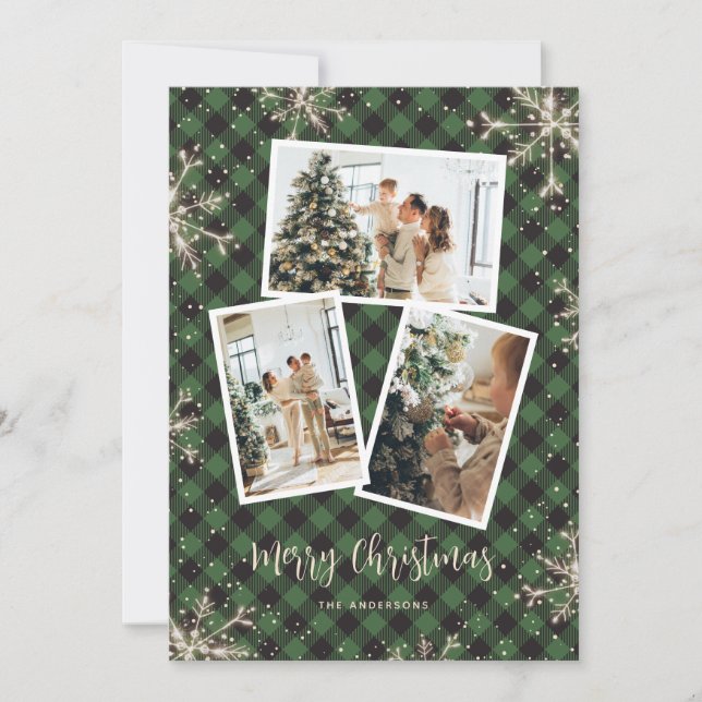 Tarjeta Festiva Navidades fotográficos verdes con copas de nieve e (Anverso)