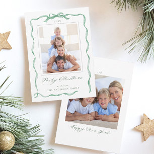Tarjeta Festiva Navidades fotográficos Wavy Green Ribbon Bow Frame