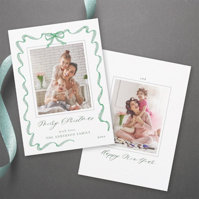 Tarjeta Festiva Navidades fotográficos Wavy Green Ribbon Bow Frame (Front & Back)