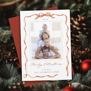 Tarjeta Festiva Navidades fotográficos Wavy Red Ribbon Bow Frame