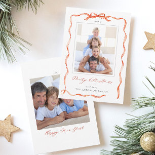 Tarjeta Festiva Navidades fotográficos Wavy Red Ribbon Bow Frame 2