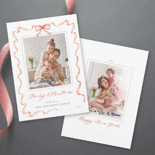 Tarjeta Festiva Navidades fotográficos Wavy Red Ribbon Bow Frame 2