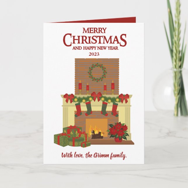 Tarjeta Festiva Navidades fototarjeta chimenea Red White foto (Anverso)