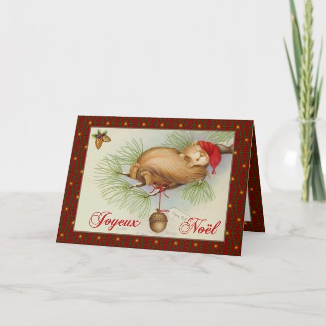 Tarjeta Festiva Navidades franceses, ardilla de época, pino y bell (Anverso)