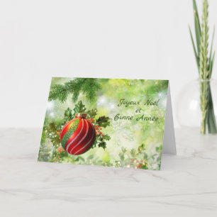 Tarjeta Festiva Navidades franceses de color verde rojo bauble, ho