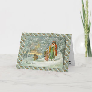 Tarjeta Festiva Navidades franceses de época, familia en el bosque