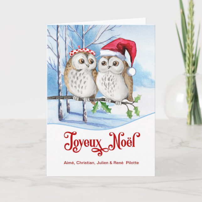 Tarjeta Festiva Navidades franceses Joyeux Noel Woodland Owls (Anverso)
