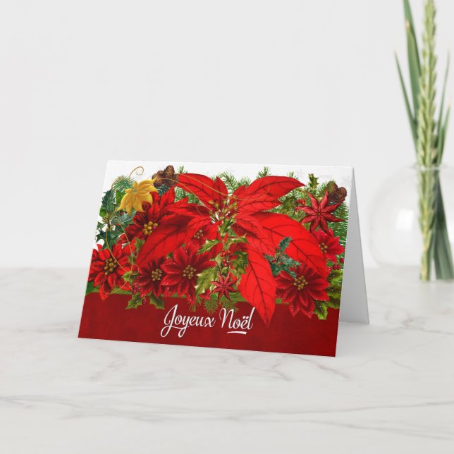Tarjeta Festiva Navidades franceses Poinsettias Joyeux Noël (Anverso)