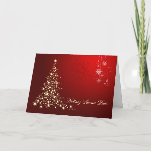 Tarjeta Festiva Navidades gaélicos irlandeses, árbol brillante roj (Anverso)