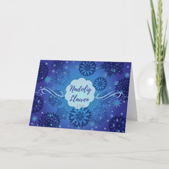 Tarjeta Festiva Navidades galeses Nadolig Llawen Snowflakes (Anverso)