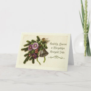 Tarjeta Festiva Navidades galeses Nadolig Llawen Vintage Greens