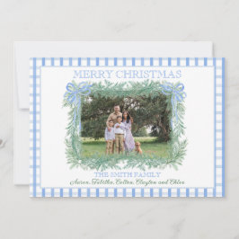 Tarjeta Festiva Navidades Garland Blue Bow Ribbon Gingham