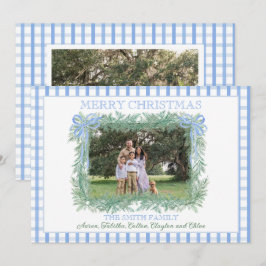 Tarjeta Festiva Navidades Garland Blue Bow Ribbon Gingham