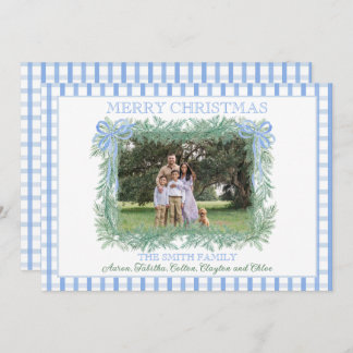Tarjeta Festiva Navidades Garland Blue Bow Ribbon Gingham