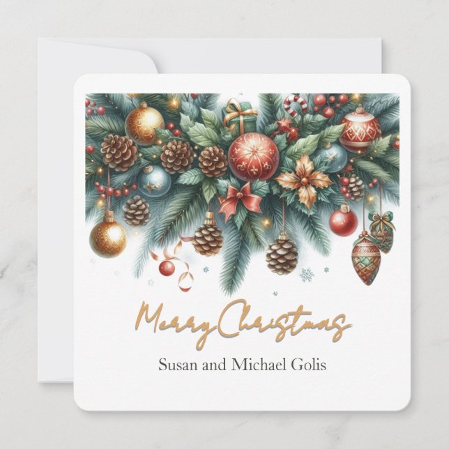 Tarjeta Festiva Navidades Garland Green y Gold (Anverso)