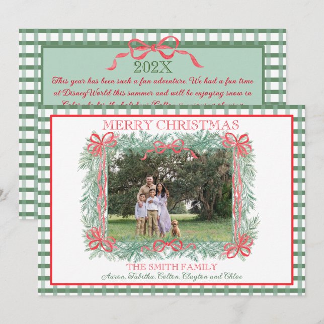 Tarjeta Festiva Navidades Garland Red Ribbon Green Gingham (Anverso / Reverso)