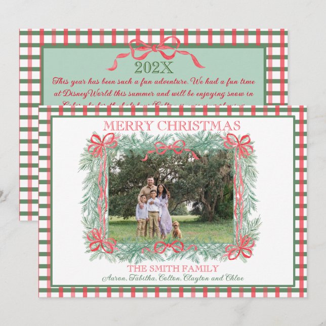 Tarjeta Festiva Navidades Garland Red Ribbon Green Gingham (Anverso / Reverso)