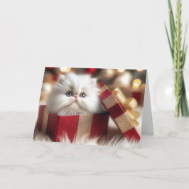 Tarjeta Festiva Navidades Gatito persa en una caja de regalo