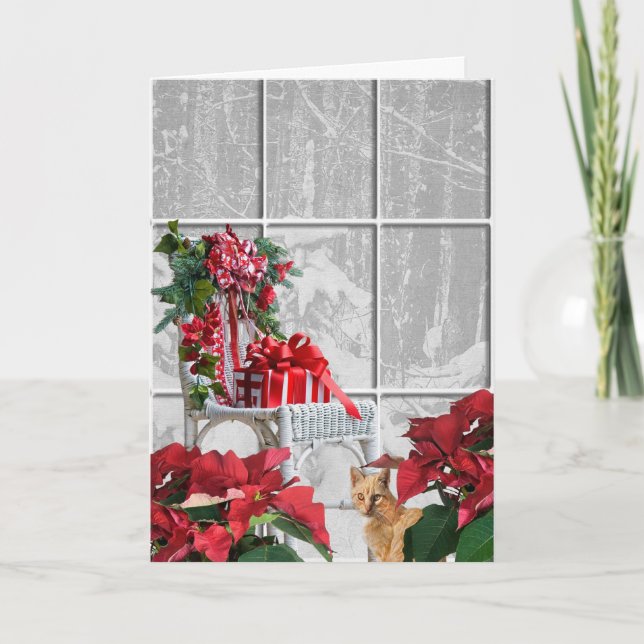 Tarjeta Festiva Navidades Gato por silla y ventana (Anverso)