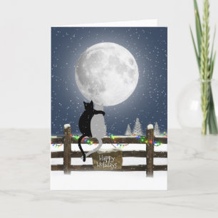 Tarjeta Festiva Navidades gatos en la valla con la luna