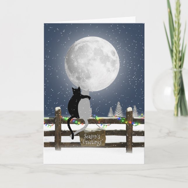 Tarjeta Festiva Navidades gatos en la valla con la luna (Anverso)