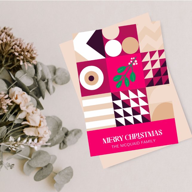 Tarjeta Festiva Navidades geométricos modernos de Borgoña Rosa (Modern Geometric Pinks and Maroon Holiday Card)
