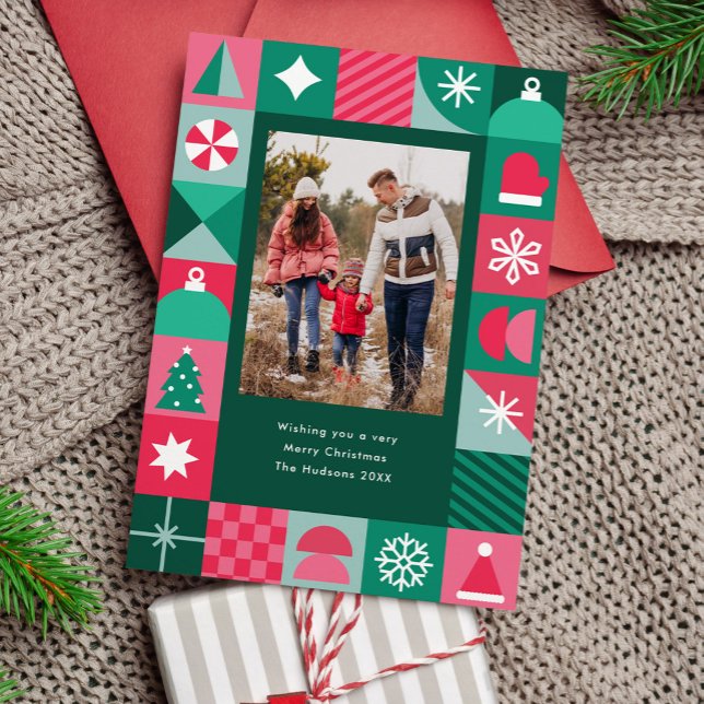 Tarjeta Festiva Navidades geométricos modernos foto de iconos (fun, geometric, modern, Christmas photo card with simple holiday icons)