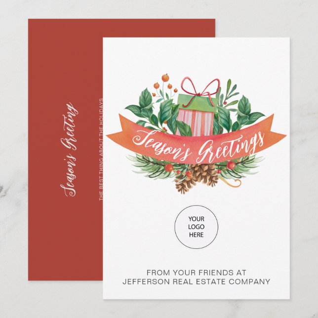 Tarjeta Festiva Navidades Gift Pine Wreath Company Logo Business (Anverso / Reverso)