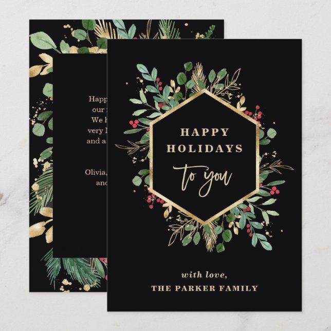 Tarjeta Festiva Navidades Gilded Greenery Black | Felices fiestas (Anverso / Reverso)