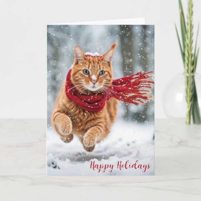 Tarjeta Festiva Navidades Ginger Cat en copos de nieve (Anverso)