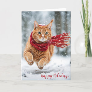 Tarjeta Festiva Navidades Ginger Cat en copos de nieve