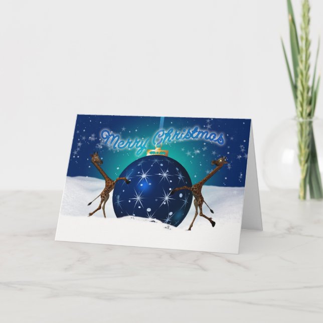 Tarjeta Festiva Navidades Giraffe con bauble gigante (Anverso)