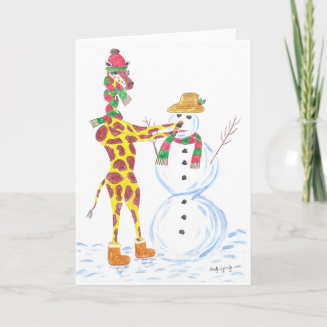 Tarjeta Festiva Navidades Giraffe y Snowman (Anverso)