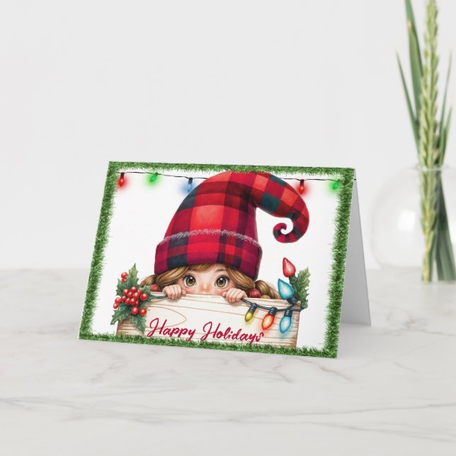 Tarjeta Festiva Navidades Girly Gnome Con Gorra De Plaid (Anverso)
