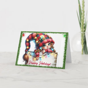 Tarjeta Festiva Navidades Girly Gnome Con Gorra De Plaid