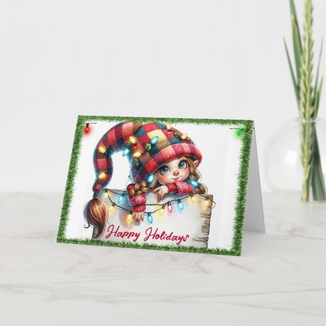 Tarjeta Festiva Navidades Girly Gnome Con Gorra De Plaid (Anverso)