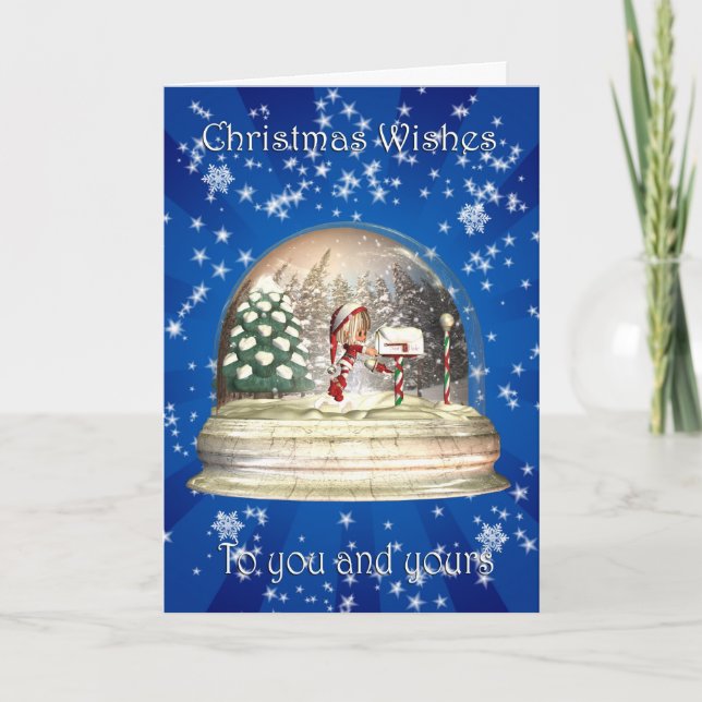 Tarjeta Festiva Navidades Globe de la Nieve con pequeño elfo y buz (Anverso)