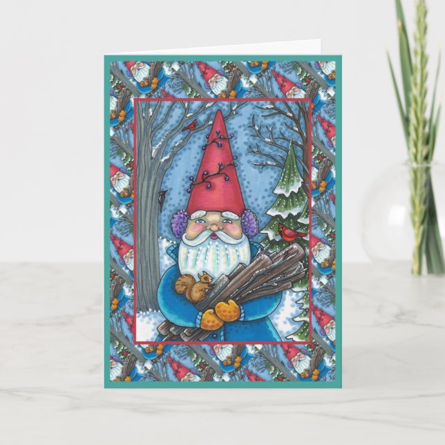 TARJETA FESTIVA NAVIDADES GNOME, SQUIRREL, WOODPECKER Y CARDINAL (Anverso)