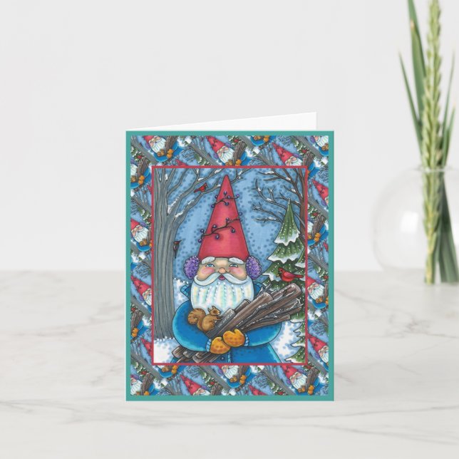 TARJETA FESTIVA NAVIDADES GNOME, SQUIRREL, WOODPECKER Y CARDINAL (Anverso)