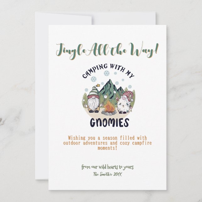 Tarjeta Festiva Navidades Gnomes Camp Mountains Aventura al aire l (Anverso)
