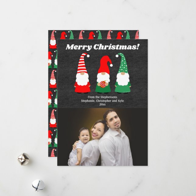 Tarjeta Festiva Navidades Gnomes Cute foto de feriado (Anverso/Reverso In Situ)