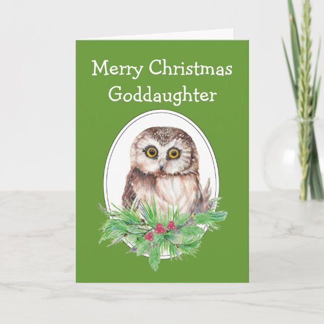Tarjeta Festiva Navidades Goddaughterr Cute Owl Bird Holly PIne (Anverso)