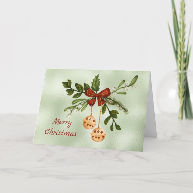 Tarjeta Festiva Navidades Gold Baubles Green Watercolor (Anverso)