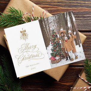 Tarjeta Festiva Navidades Gold Holly Berry Bouquet Foto plana