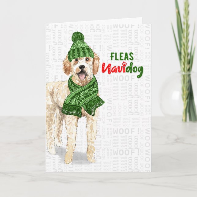 Tarjeta Festiva Navidades Golden Doodle Dog Fleas NaviDOG (Anverso)