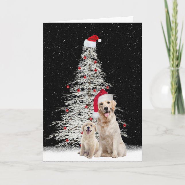 Tarjeta Festiva Navidades Golden Retriever con árbol (Anverso)